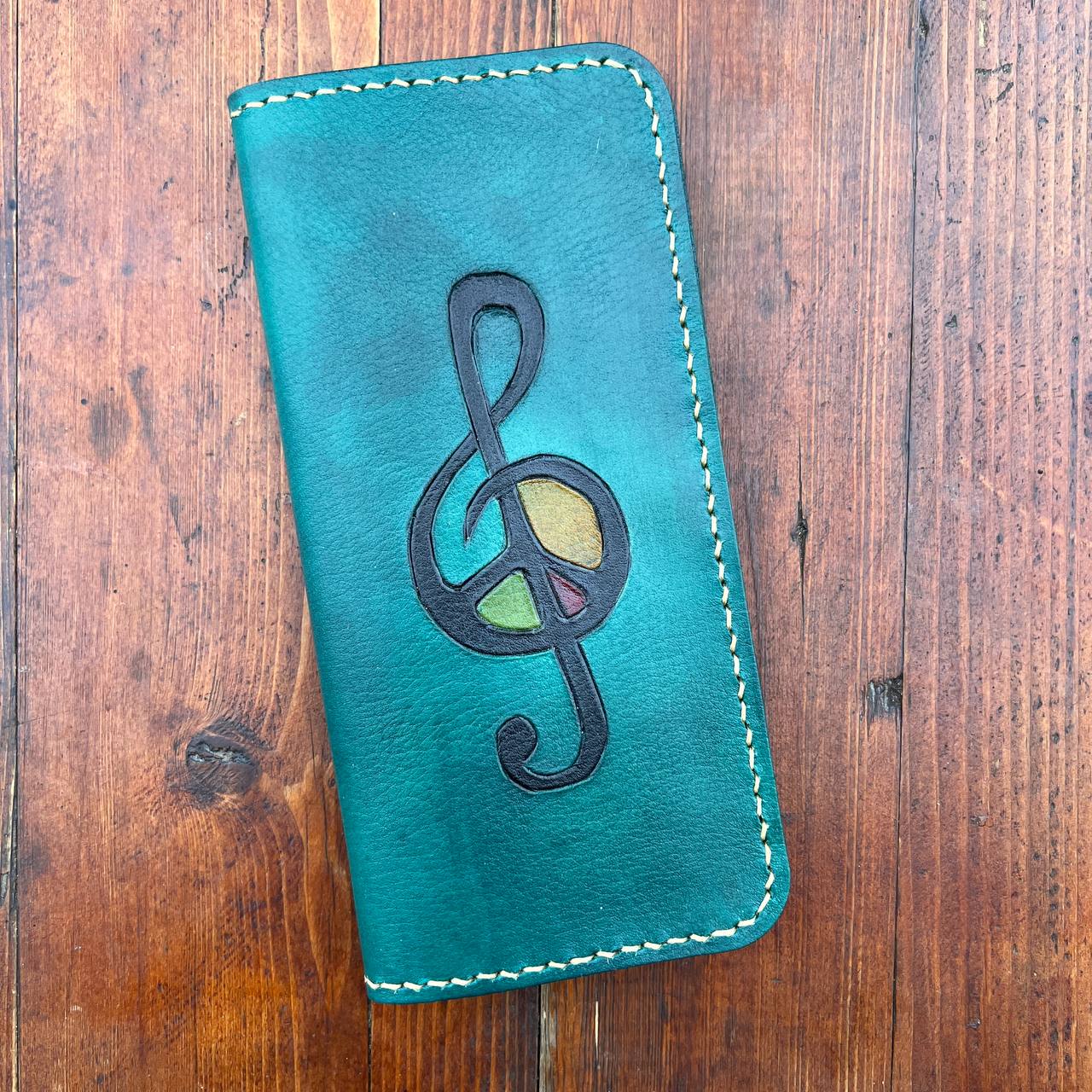 Handmade Genuine Leather Wallet with Treble Clef and Peace Symbol Engraving