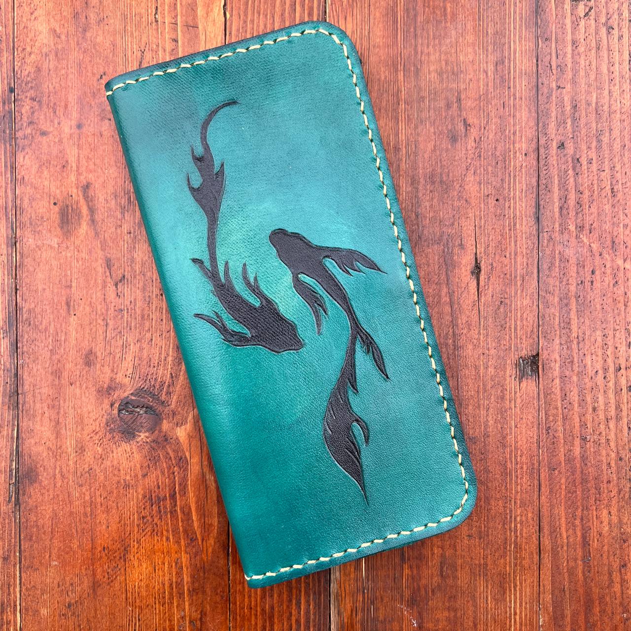 Fish Ying Yang Pattern Engraved Handmade Genuine Leather Wallet