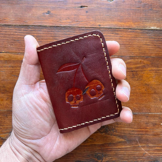 Handmade Leather Slim Wallet: Red Skull, Cherry Engraved Card Holder