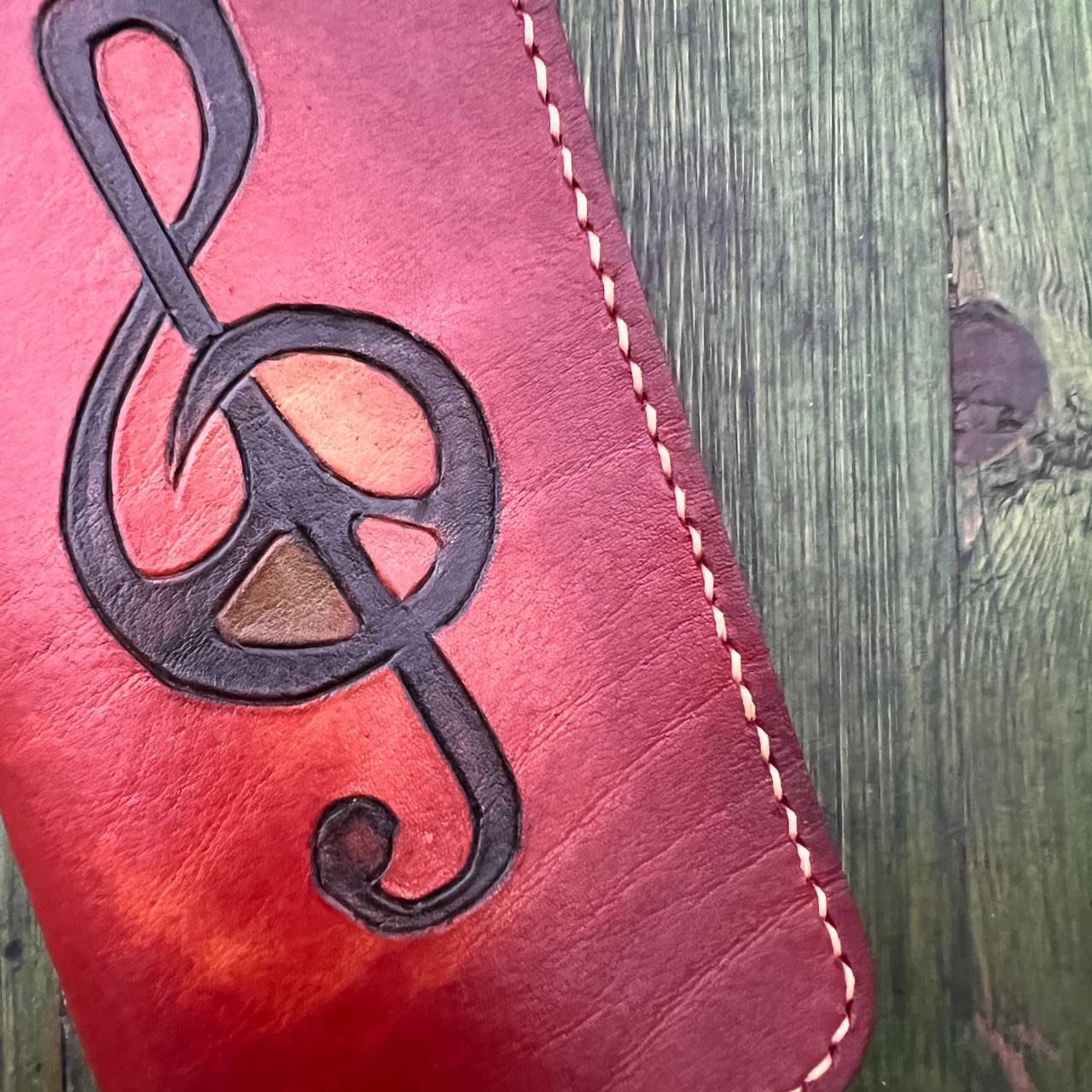 Handmade Genuine Leather Wallet with Treble Clef and Peace Symbol Engraving