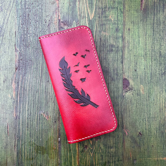 Handmade Leather Wallet with Feather and Bird Pattern