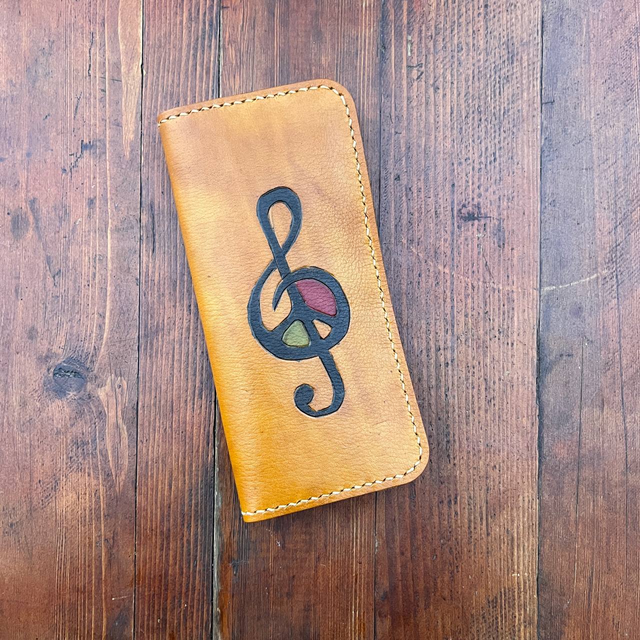 Handmade Genuine Leather Wallet with Treble Clef and Peace Symbol Engraving