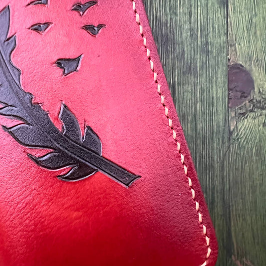 Handmade Leather Wallet with Feather and Bird Pattern