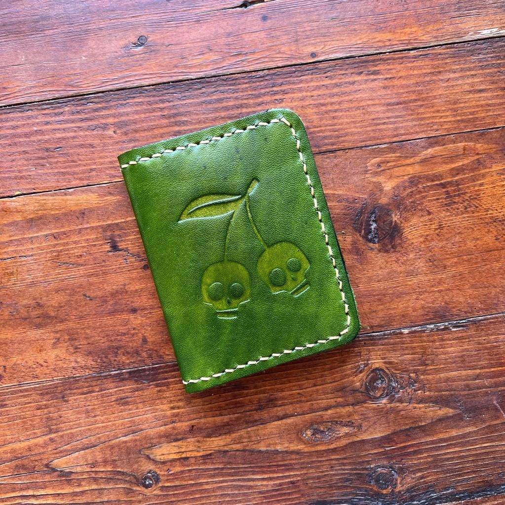 Handmade Leather Slim Wallet: Red Skull, Cherry Engraved Card Holder