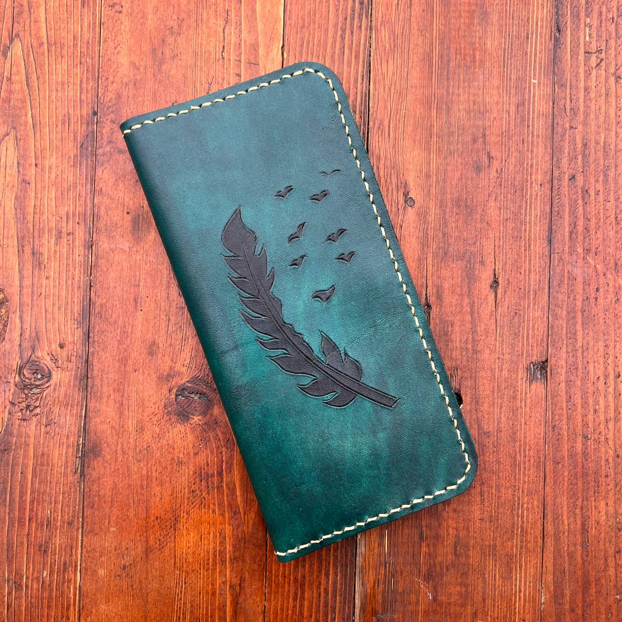 Handmade Leather Wallet with Feather and Bird Pattern