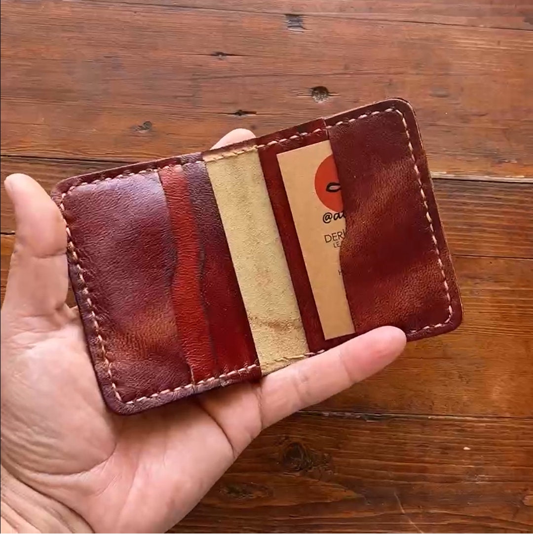 Handmade Leather Slim Wallet: Red Skull, Cherry Engraved Card Holder