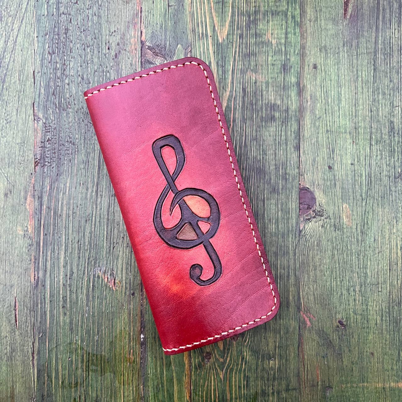 Handmade Genuine Leather Wallet with Treble Clef and Peace Symbol Engraving