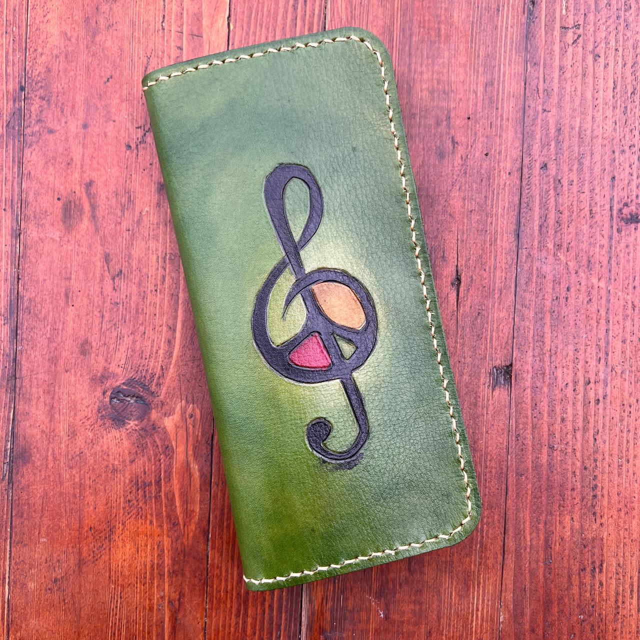 Handmade Genuine Leather Wallet with Treble Clef and Peace Symbol Engraving