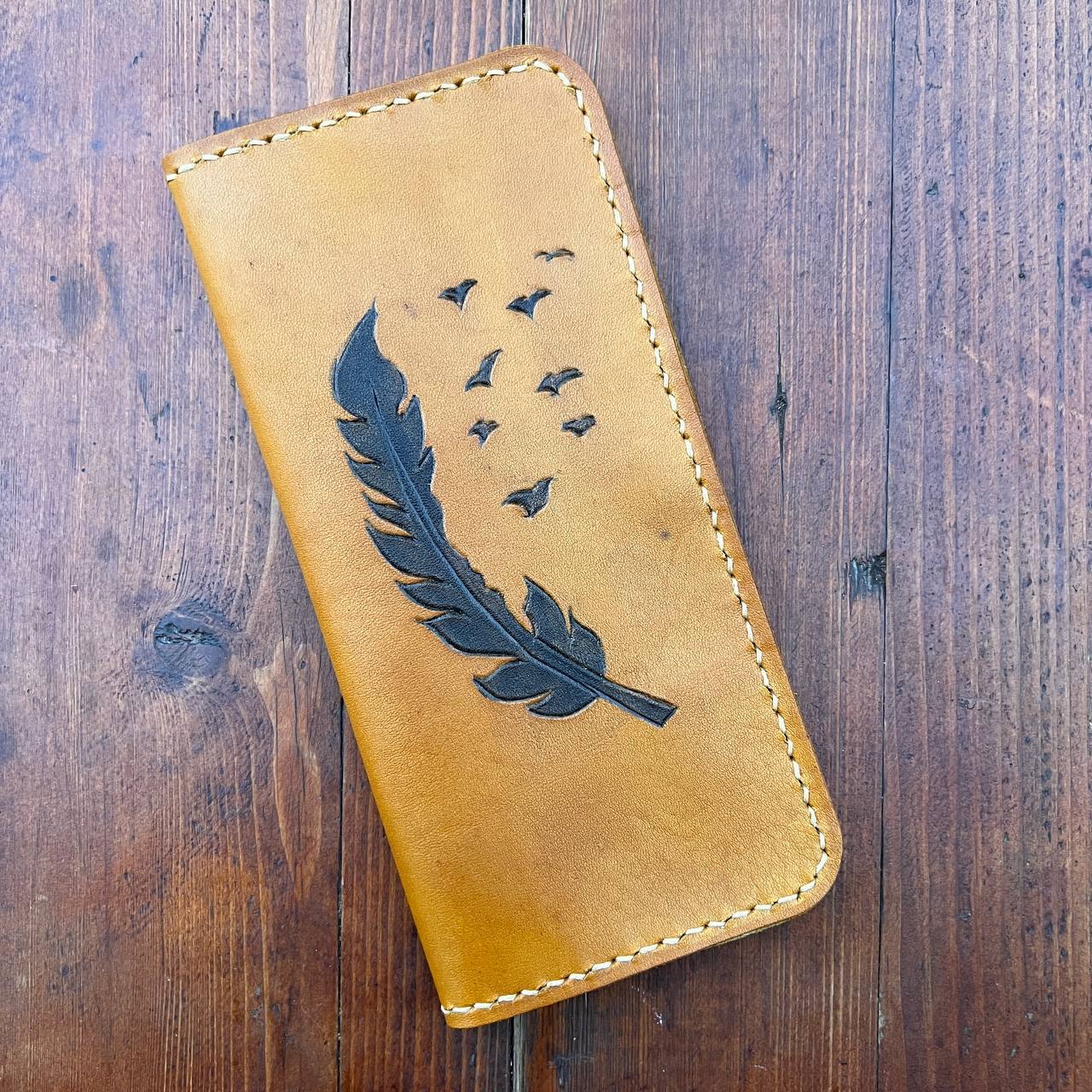 Handmade Leather Wallet with Feather and Bird Pattern
