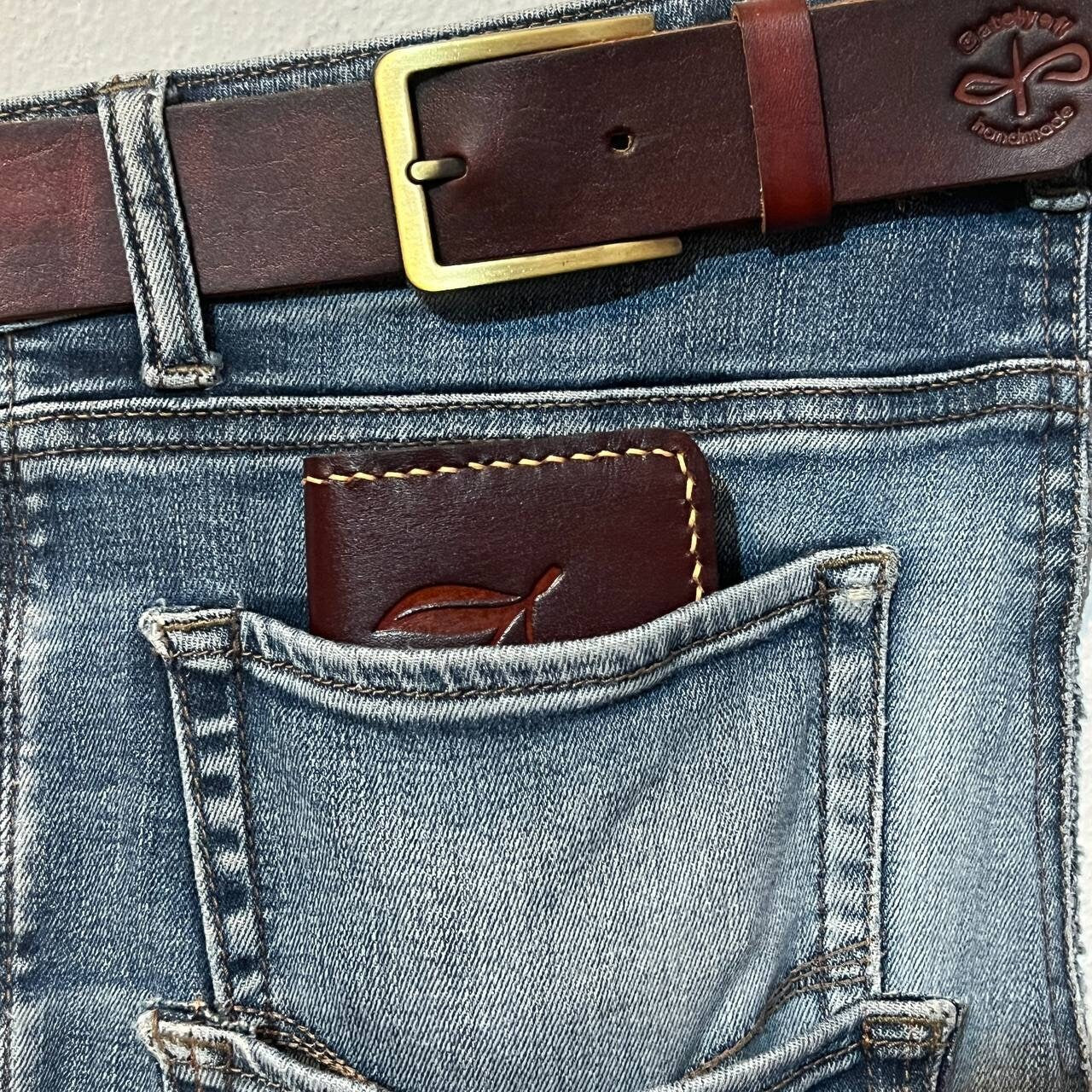 Handmade Leather Slim Wallet: Red Skull, Cherry Engraved Card Holder