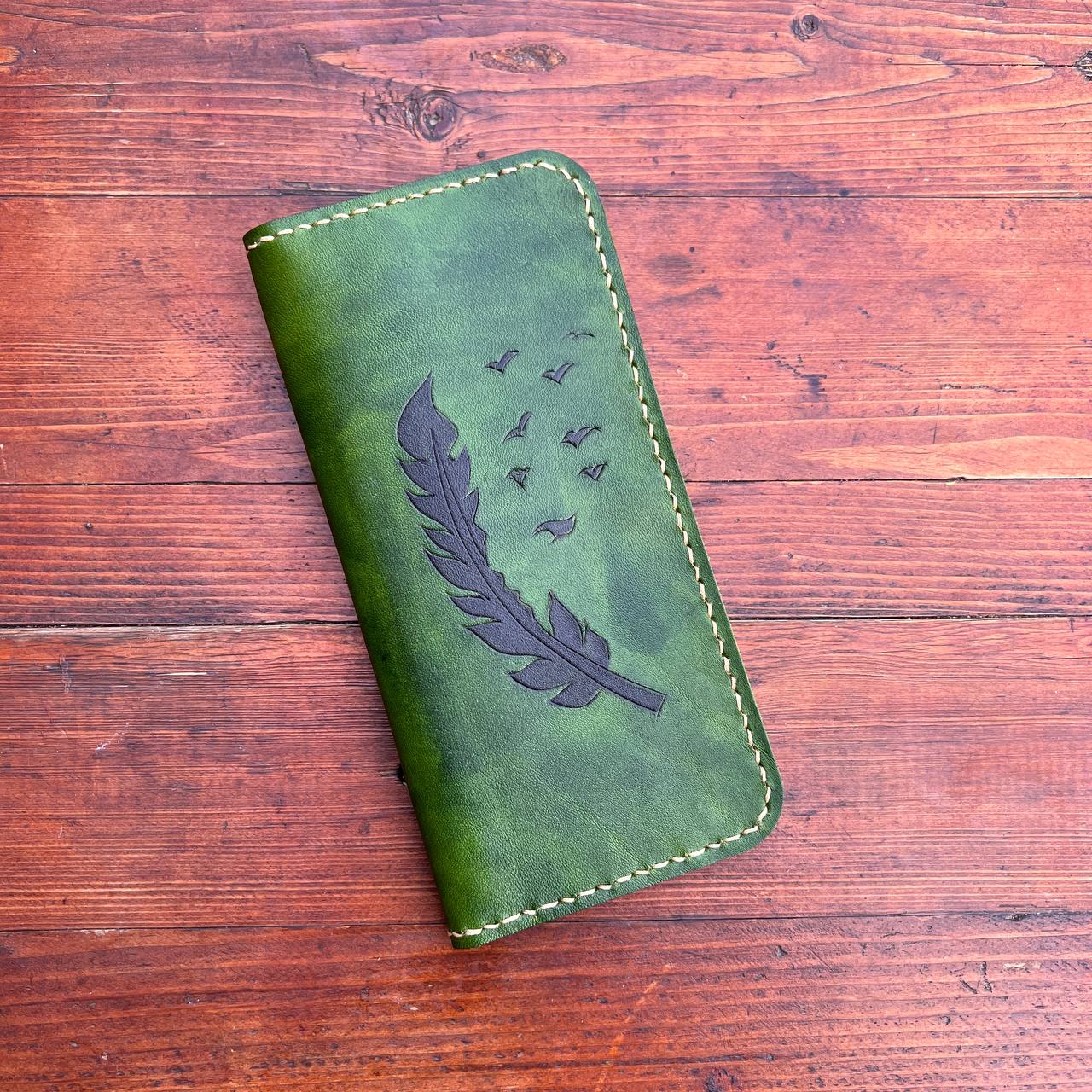 Handmade Leather Wallet with Feather and Bird Pattern