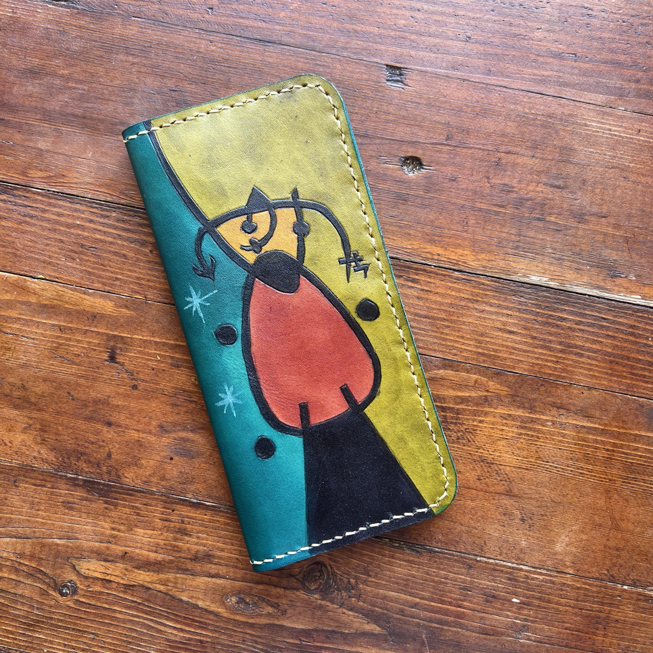Joan Miro Sunrise Design Engraved Handmade Genuine Leather Wallet