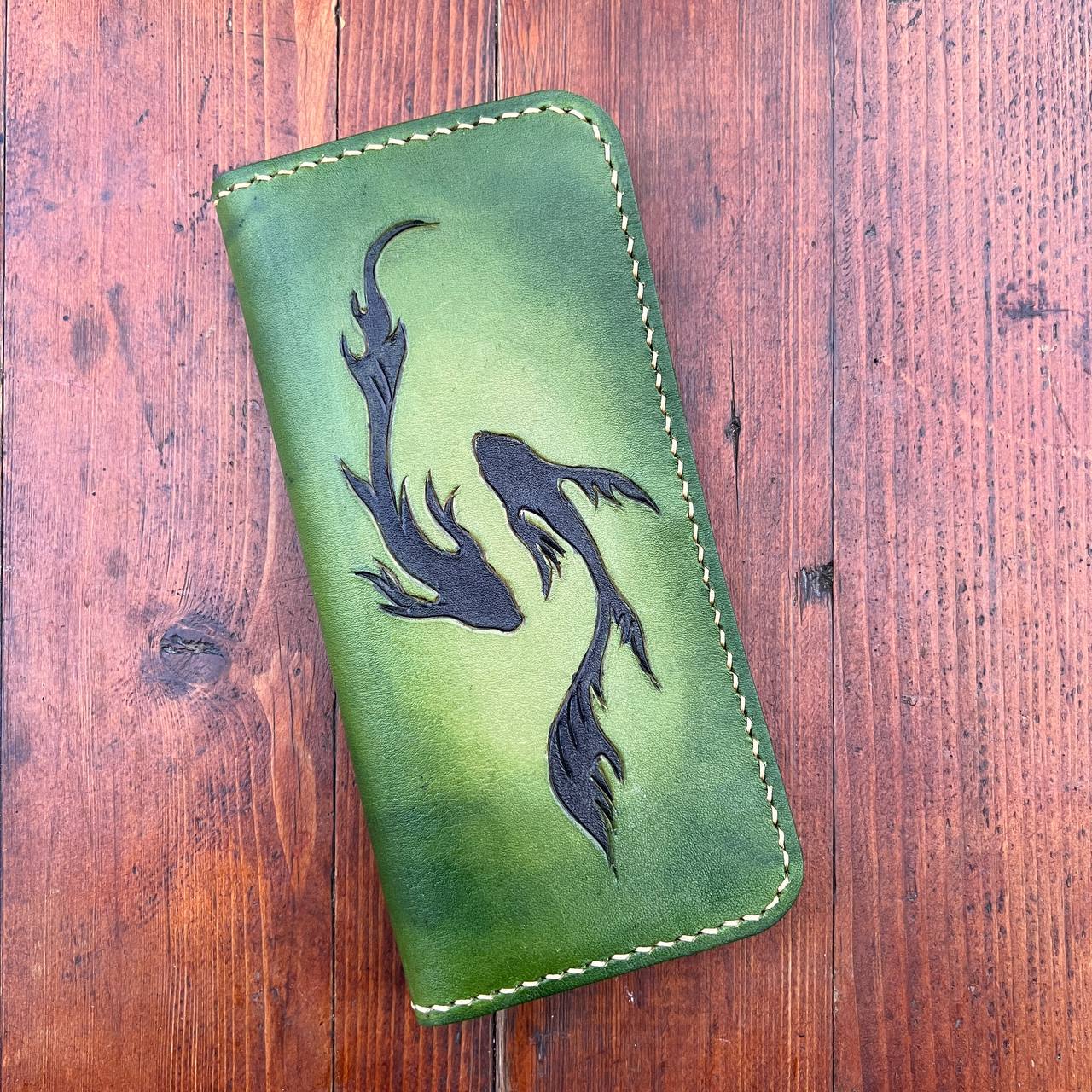 Fish Ying Yang Pattern Engraved Handmade Genuine Leather Wallet