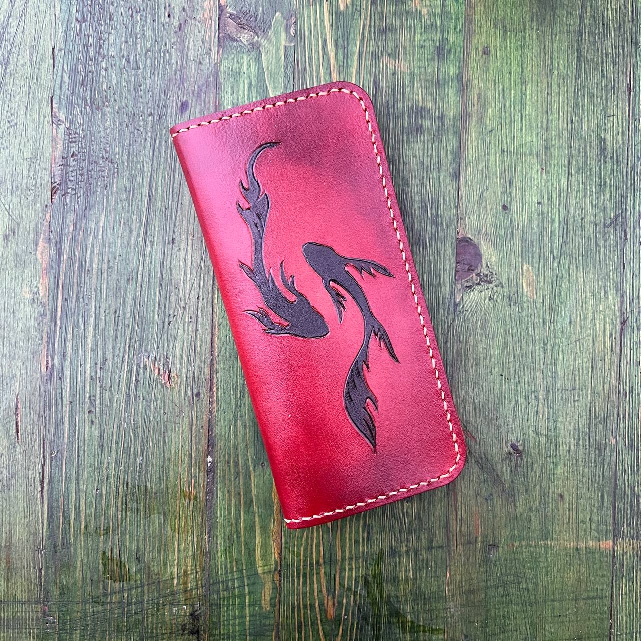 Fish Ying Yang Pattern Engraved Handmade Genuine Leather Wallet